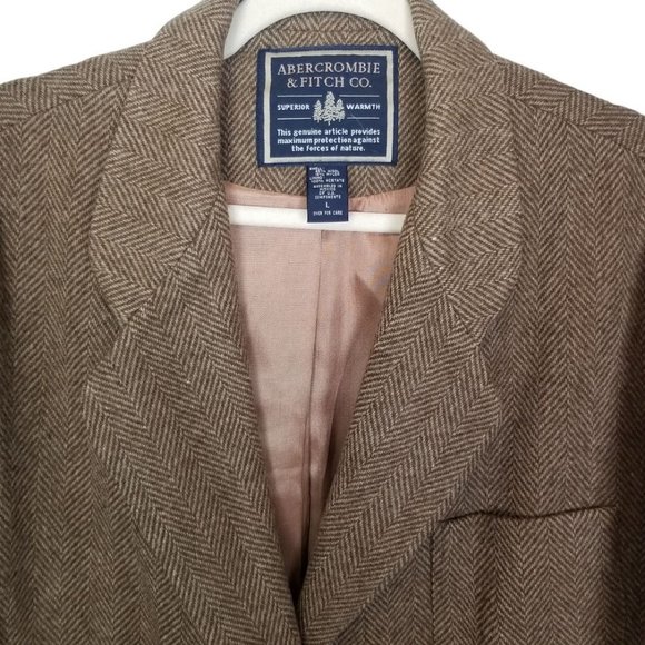 Abercrombie & Fitch Mens L Brown Herringbone One-Button Wool Blazer Jacket - Picture 2 of 7